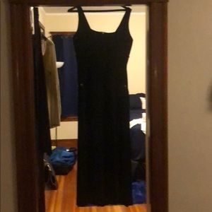 Black dress w/ patten leather stripes & gold pins